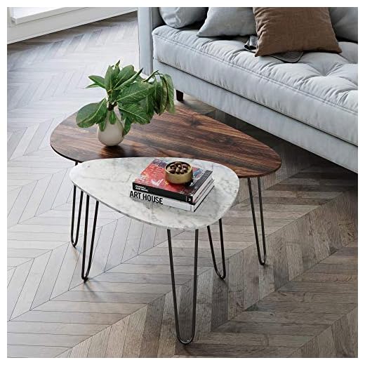 Nathan James Bodhi Mid-Century Nesting Coffee Table Set of 2, Stacking Side or End for Living Room with Faux Carrara Marble, Wood Finish and Black Metal Legs, White/Walnut