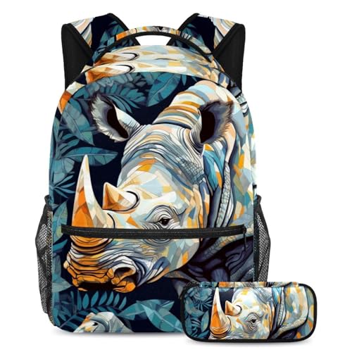 Sac à livres rhinocéros pour voyage et cours cartable ados avec trousse à crayons