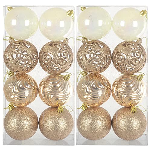 Pack of 16 Christmas Tree Baubles Large Decorations Assorted Designs 8cm - Champagne