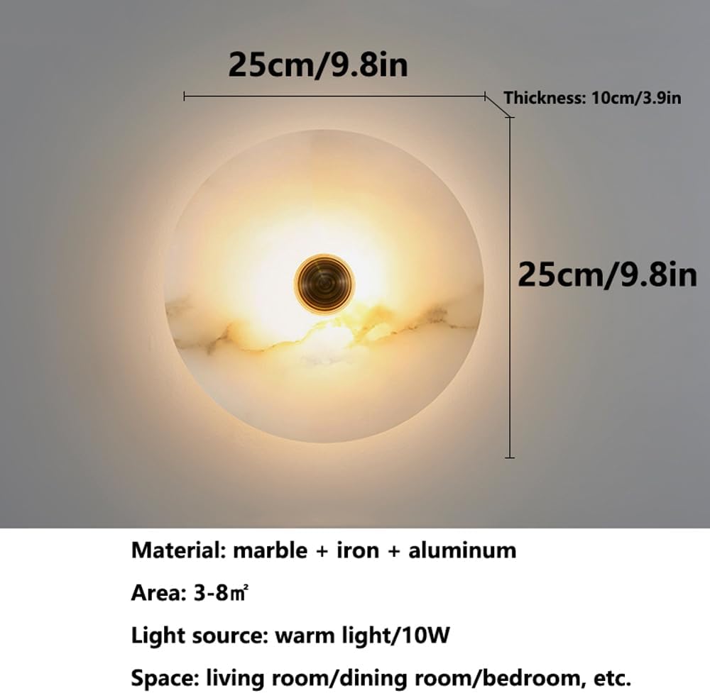 Sconce with Marble Shade, Nordic Simple Round Interior Alabaster Wall Lamp, Warm Light 3000K Vanity Hardwired Wall Lighting, Minimalist Wall Light for Bedroom, Living Room (Black, L)