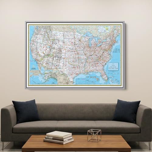 Image of National Geographic Classic USA Map with Pins - Personalized United States Travel Map Canvas - Extra Large Framed Wall Decor - Silver Float Frame - 34 inch x 51 inch