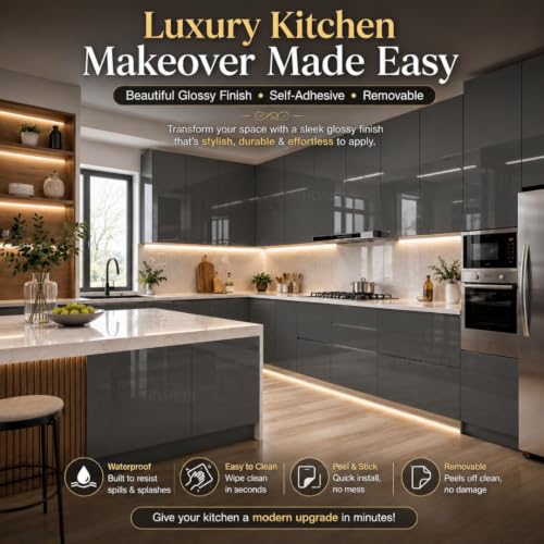 Image of HOME13 Dark Grey Wallpaper Peel and Stick Contact Paper Glossy Self Adhesive Vinyl Sticker Waterproof Removable Wallpaper for Bedroom Cabinets Livingroom (20x120 Inch)