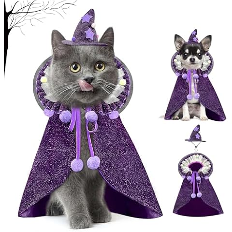 KOUPA Pet Halloween Costume with Hat, Dog Clothes Cosplay Wizard Cloak for Small Puppy Kitten Animal, Shiny Cat Outfit Suit for Party Holiday Christmas, Purple Cover