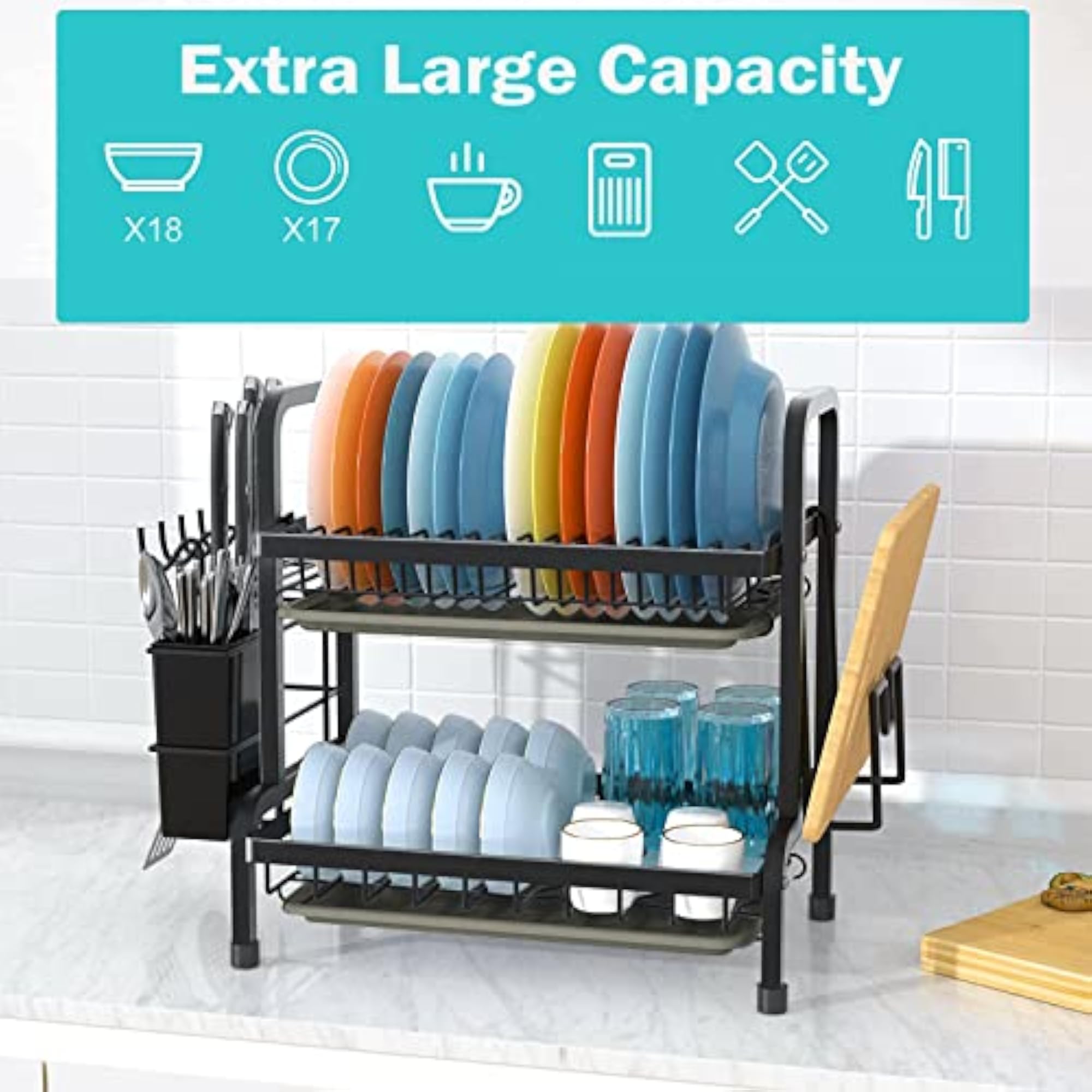 2-Tier Black Stainless Steel Dish Rack Drainer with Tray