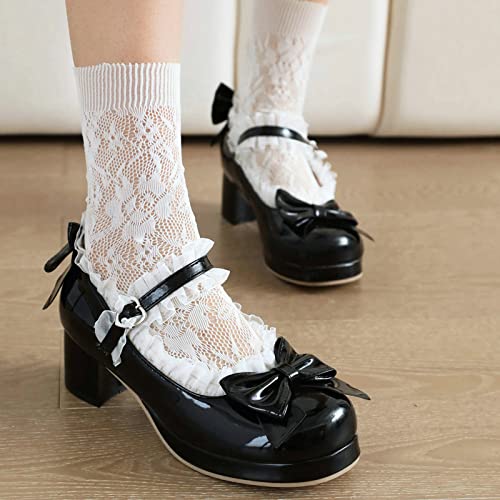 Image of LUXMAX Women Kawaii Mid Block Heel Mary Jane Rockabilly Pumps with Bow Platform Chunky Heel Cute Sweet Shoes