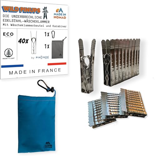 Wild Pinups: 40 Edelstahl Wäscheklammern Pincinox mit Wäscheklammerbeutel und Karabiner. Für Waschküche, Wäscheleine, Wäschespinne. Robuste und langlebige Wäscheklammern, Made in France