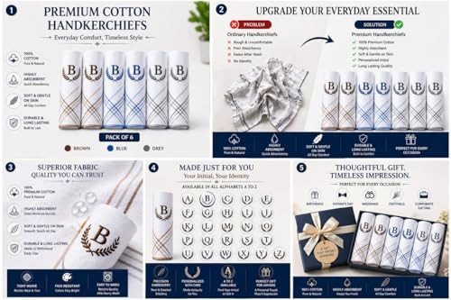 Image of GOLU MOLU Cotton White Formal Handkerchief Pack Of 6 | Office Travel Daily Use | Custom Initial Design | Free Size | Cotton Fabric | Customised N95 Mask Included