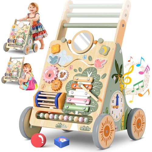 Image of Wooden Baby Walker with Wheels, Speed & Height Adjustable, Baby Push Walker for 6-12 18 Months Boys Girls, Montessori Walker Easter Toy for 1 Year Old, Learning to Walk & Sit-to-Stand Activity Center
