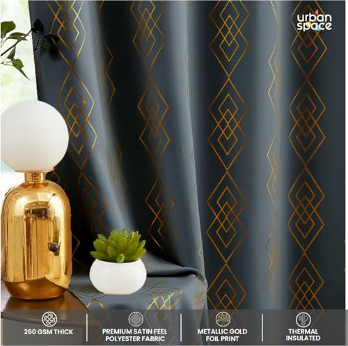Image of Urban Space 80-85% True Blackout Curtains for Door, Gold Foil Printed Blackout Curtains, Blackout Decorative Door Curtain Eyelet with Tieback, 1 Piece Curtain for Living Room(Diamond Gray, 7 Feet)