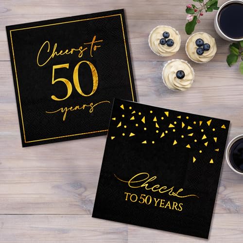 Hunanyume 50PCS 50th Birthday Napkins 2 Designs 5x5 Inches, Cheers to 50 Years Cocktail Napkins Party Napkins Paper Beverage Napkins for Anniversary 50th Birthday Decorations(Black and Gold)