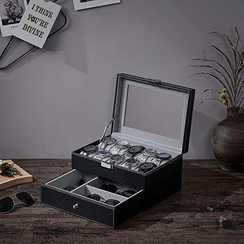 Bewishome Watch Box Organizer With Valet Drawer - Real Glass Top, Metal Hinge, Large Holder, Black Pu Leather - 10 Slots Watch Storage Case Jewelry Box For Men Ssh14B #TOP1