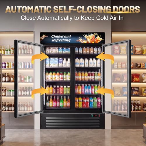 Image of Velivi Commercial Beverage Refrigerator, Double Glass Door Display Cooler, Upright Drink Merchandiser with LED Lighting, Auto Closing Doors