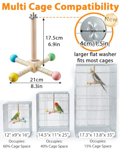 Image of Bird Perch Toy, Kiln-Dried Wood Interactive 360 Spinning Cage Toy(S) | Exercise Wheel Parrot Toy, Enrichment Cockatiel Toy for Bird Cage, Bird Cage Accessories Perch Toy for Budgies Lovebirds