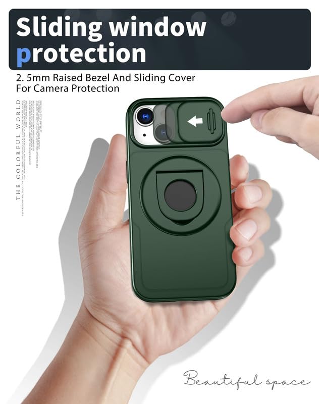 Image of LuxuryKase MagSafe Shockproof Rugged Back Case for iPhone 14 Plus | Finger Ring Kickstand & Sliding Camera Cover | Military Drop Protection | Wireless Charging Support - Dark Green