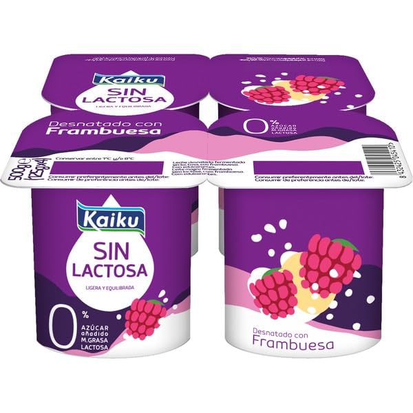 (6 packs) de 4x125g. KAIKU Yogur desnatado 0% materia grasa, sin lactosa ni azúcares añadidos Sabores Varios (FRAMBUESA)