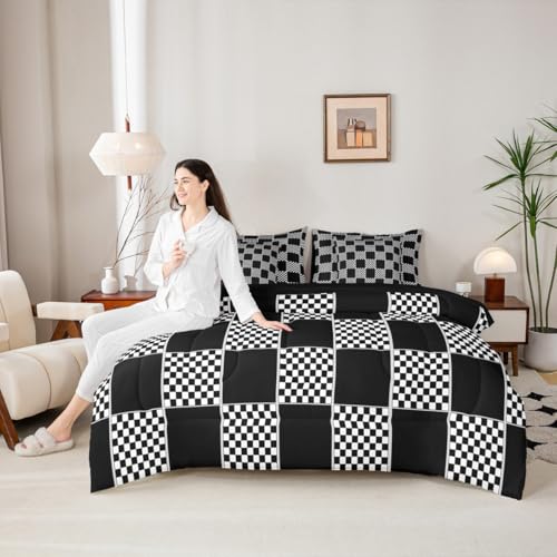 Image of Erosebridal Geometric Checkered Full Bed in A Bag 7 Piece Black White Buffalo Plaid Comforter Set with Sheets Checkerboard Gingham Bedding Sets for Kids Boys Teen,Modern Fashion Grids Bed Set