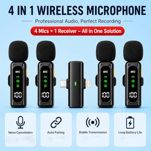Image of T90 Wireless Lavalier Microphone 1-to-4 (4 Mic) 2.4G Compatible with iPhone Android Type-C | Noise Cancelling | Reverb Sound | Long Battery | Vlog Interview Live Stream Recording