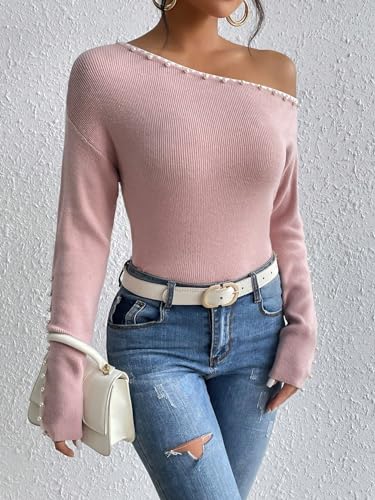 Image of WDIRARA Women's Pearls Beaded One Cold Shoulder Sweater Long Sleeve Asymmetrical Knit Top
