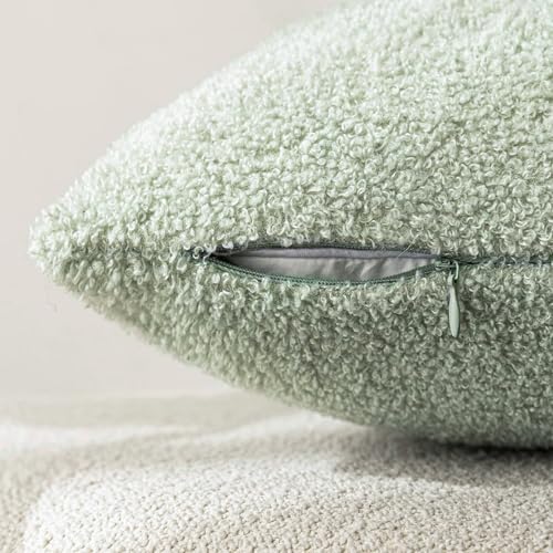 Image of Foindtower Pack of 2, Curly Faux Fur Decorative Throw Pillow Covers Soft Fuzzy Plush Cushion Case with Zipper Cozy Pillowcase for Home Living Room Couch Bed Sofa 18 x 18 Inch, Sage Green