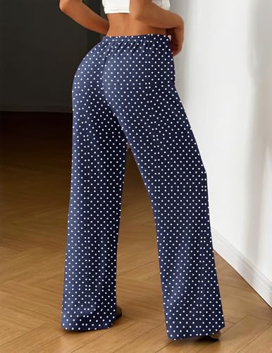 Image of Ekouaer Women Pajama Pants Comfy Pj Bottom with Pockets Stretch Plaid Sleepwear Polka Dots-Blue Large