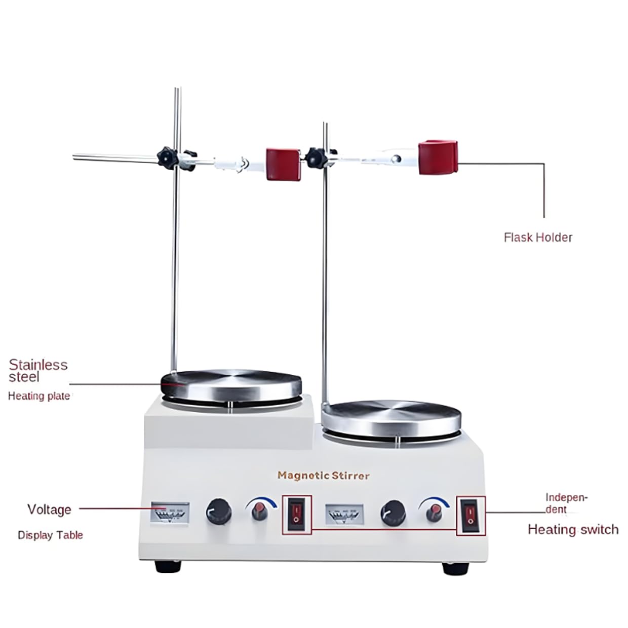 Agitatore magnetico con piastra riscaldante, doppia stazione di riscaldamento, potenza regolabile, in acciaio inox, con clip per fiaschetta, ideale per laboratorio e uso chimico