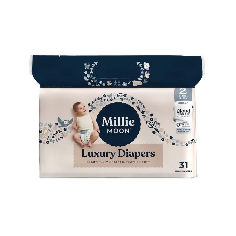 Millie Moon Luxury Diapers Size 2 (9-18lbs) 31 Count Up to 12 Hour Absorbency Double Leak Guard and Wetness Indicator