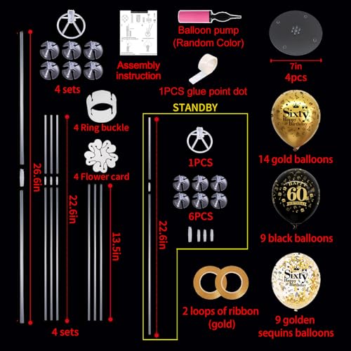 Image of TONIFUL 4 Set Black Gold 60 Printed Balloon Stands for 60th Birthday Decor