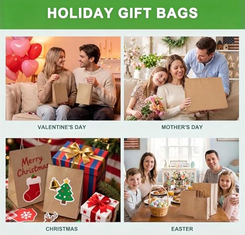 Image of Simple Deluxe 50-Pack Kraft Paper Bags with Handles (10x5x13 Inch) - 100% Recycled Natural Brown Shopping Bags for Retail, Gifts & Merchandise - Made in USA, 90GSM Thick