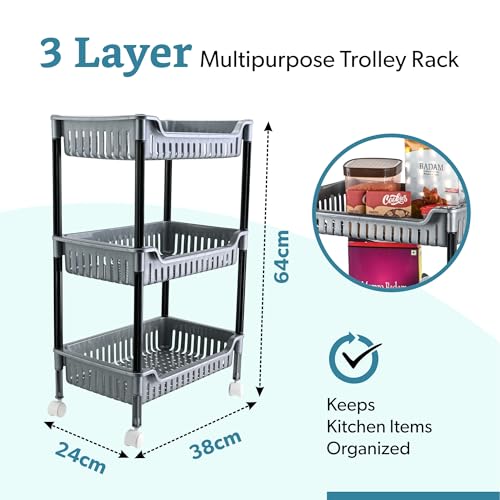 Image of Kuber Industries Plastic Multipurpose Trolley with Wheels | 3 Layer Storage Organizer for Household, Office, Bedroom, Kitchen, Living Room & Bathroom | Shelf Rack - Grey