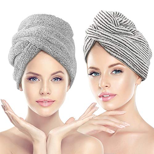 2 Pack Hair Towel Wrap, INTSUN Microfibre Hair Cap Anti Frizz Absorbent & Soft Shower Dry Hair Hat Hair Drying Towel with Button Quick Magic Head Towel Bath Hair Cap for Women Girls Mom Daughter