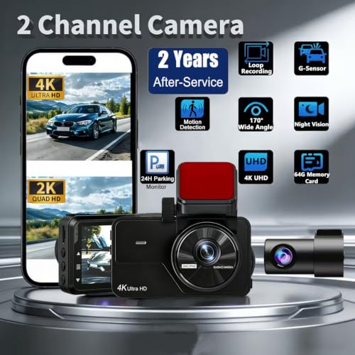 Dual Dash Cam Front and Rear, 4K+2K Dash Camera for Cars, Front Rear Dashcam G-Sensor, 170° Wide Angle, 3" IPS Screen, 24H Parking Monitor, Loop Recording, WiFi & APP Control, with 64GB Card - image 2