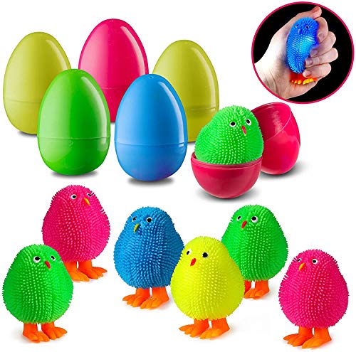 6 Easters Eggs Filled with Light Up Squishy Toy Puffer Chicks | Prefilled Surprise Egg Toys | Perfect Easter Basket Stuffer | Novelty Stress Relief Toy for Toddler Boys and Girls | Six Pack