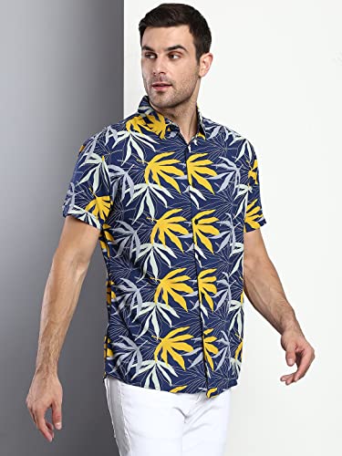 Image of Dennis Lingo Men's Floral Slim Fit Rayon Casual Shirt with Spread Collar & Half Sleeves