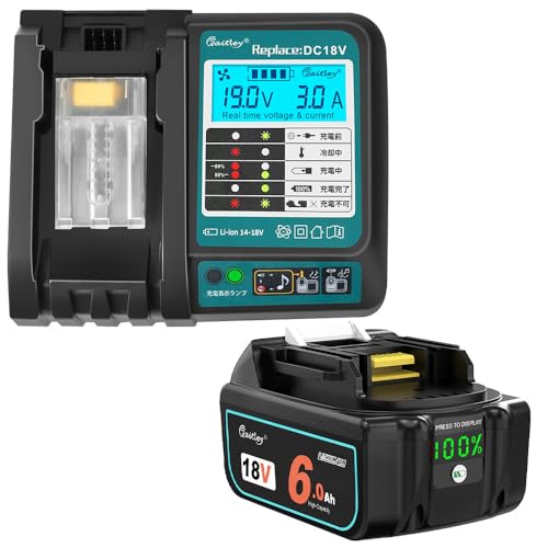 waitley マキタ 互換18V バッテリー 充電器セット 6.0Ah BL1860B デジタル％残量指示付き 全保護回路搭載 PSE認証済