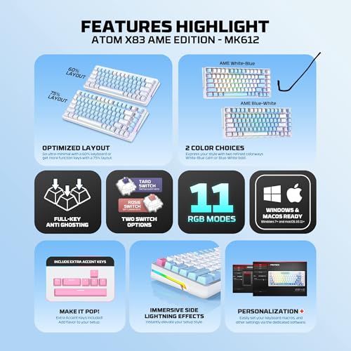 Image of Fantech Mechanical Gaming Keyboard, 75% TKL Layout, 83 Keys Hot Swappable, RGB Backlit, Double-Shot Keycaps, Wired Detachable Type-C Cable for Windows /Mac /PC /Laptop Gamers, Typists & Programmers