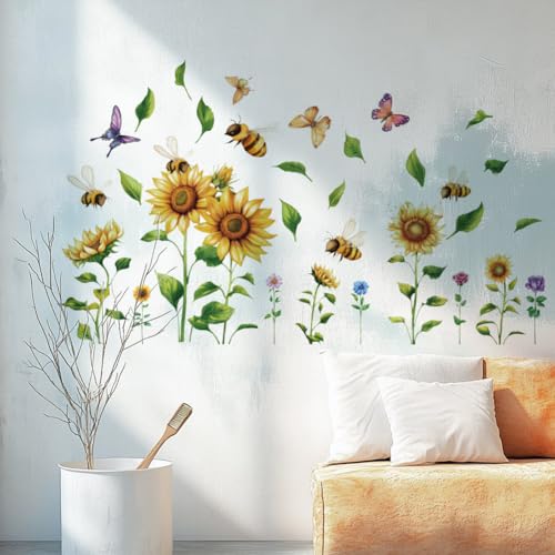 SUPERDANT Large Sunflower Wall Decals Garden Flower Wall Stickers Butterflies Bees Peel and Stick Vinyl Wall Decor Wallpaper Wall Art Mural for Bedroom Living Room Kitchen Bathroom TV Background - Image 4