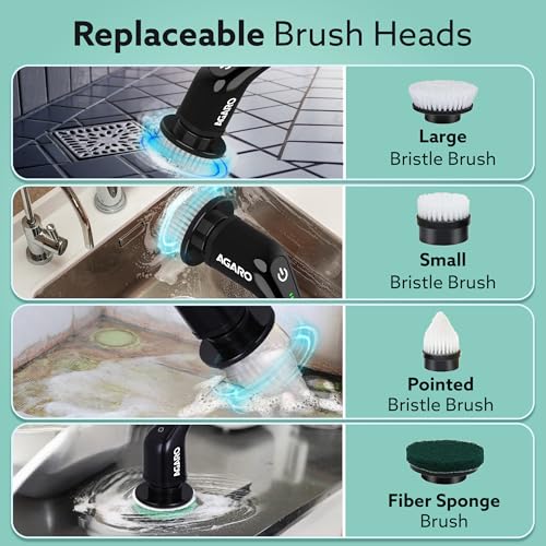 Image of AGARO Royal Electric Spin Scrubber, Cleaning Brush Scrubber for Home, 400RPM /Mins - 8 Replaceable Brush Heads - 90Mins Work Time,3 Adjustable Size,2 Adjustable Speeds for Bathroom,Glass, Car, Black