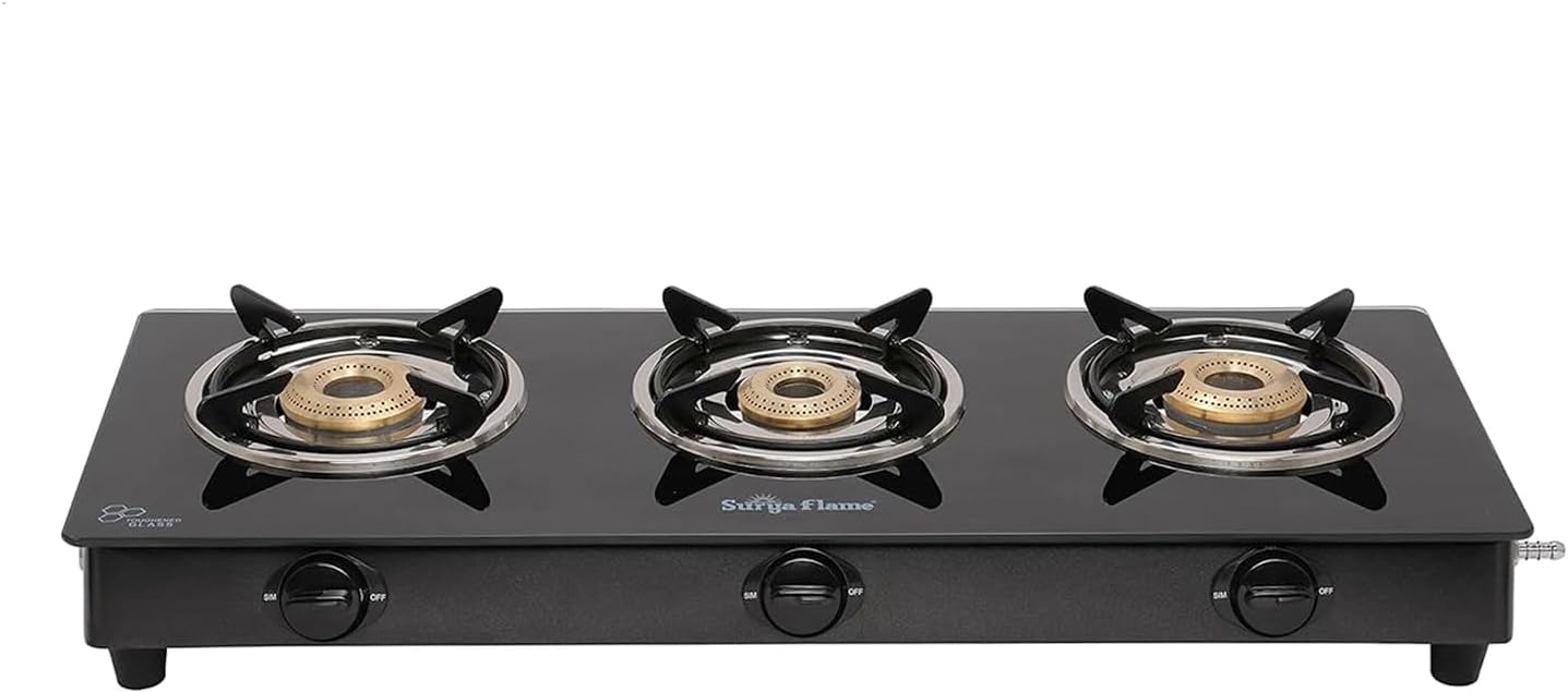 SURYA FLAMELifestyle LPG Gas Stove 3 Burners Glass Top with Brass Burner, Premium Toughened Glass & Spill Proof Design for Modular Kitchen, ISI Certified & 2 Years Warranty with Doorstep Service