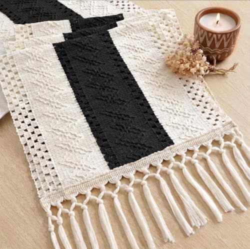 Image of FEXIA Boho Table Runner with Tassels for Home Decor 12x72 Inches Black | 72 Inches Long Modern Farmhouse Rustic Burlap Table Decoration for Bedroom Living Dining Room Baby Shower Autumn Decor