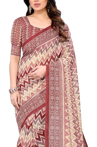 Image of MIRCHI FASHION Women Saree Ajrakh Digital Printed Cotton Blend | Lightweight Professional Office Sari with Blouse Fabric
