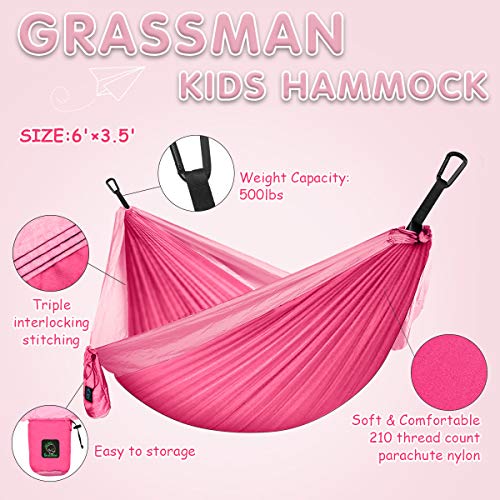 GRASSMAN Kids Hammock-Small Camping hammocks, Portable Camping Gear for Child Indoor/Outdoor use, with Tree Straps & Carabiners Pink