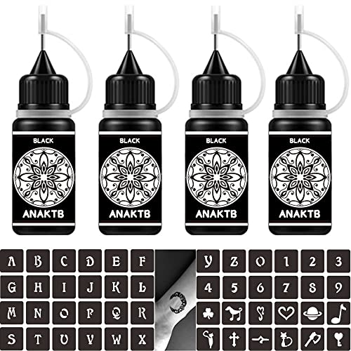 Temporary Tattoo Inks for Women Men, 4 Bottles Black Color Tattoos Inkbox, Semi Permanent Fake Tattoo Fake Freckles, Temporary Tattoo Kit with 4pcs Black Tattoo Gels and 54pcs Tattoo Stencils