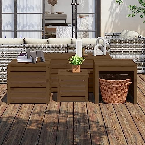 Frdhee Baúl Almacenaje Exterior, Juego cajas de jardín 4 pzs madera maciza pino gris marrón miel Armario Jardin para cojines de muebles de jardín