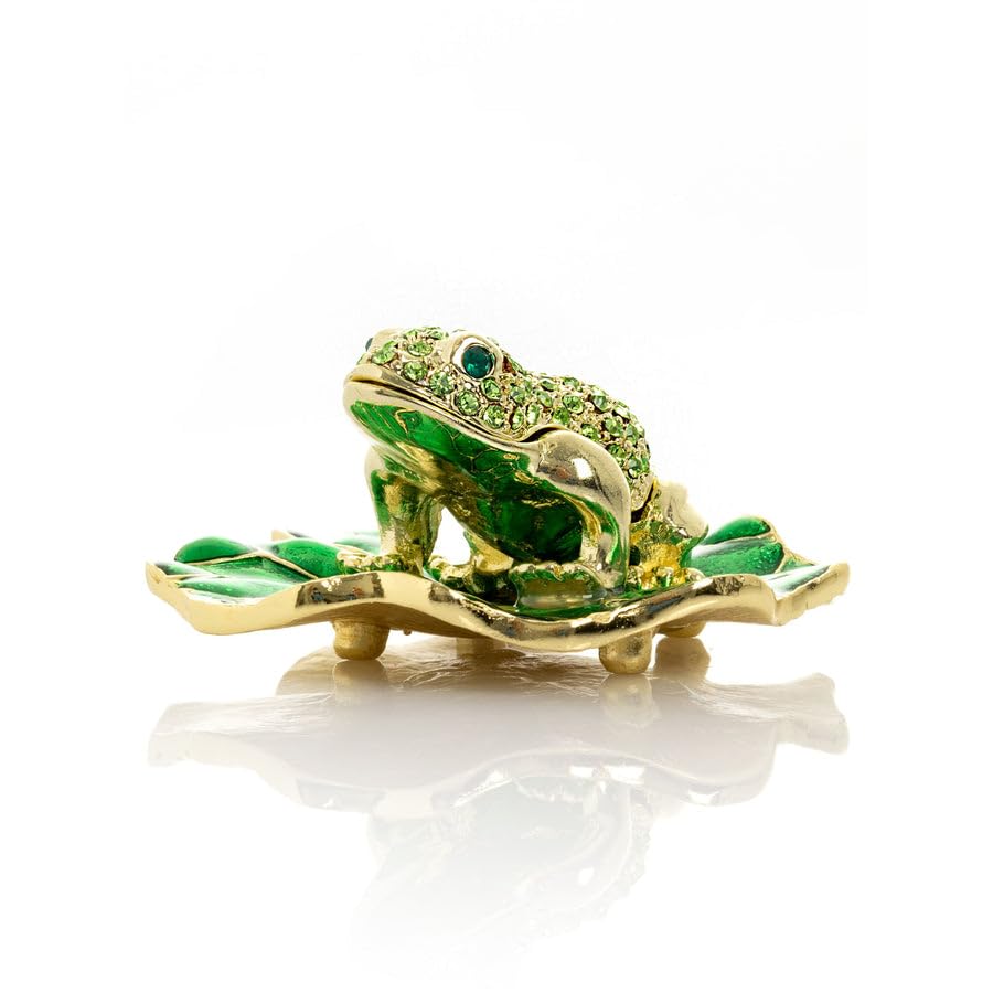 Keren Kopal Golden Frog on Green Leaf Trinket Box Decorated with Austrian Crystals