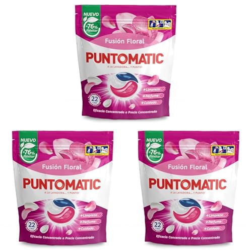 PUNTOMATIC | Cápsulas Tricámara Floral | Detergente Lavadora para Ropa Blanca y de Color | Quitamanchas | 22 lavados (Paquete de 3)