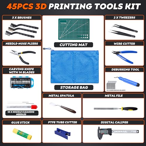 Image of YEETIN 45 Pieces 3D Printer Tools Kit, 3D Printing Accessory Includes Deburring Tool, Digital Caliper, Art Knife Set, Tube Cutter, Storage Bag Suitable for 3D Print Removing, Cleaning, Finishing