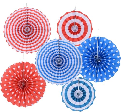 Image of Blue & Red Paper Fans for Birthday Decoration, Baby showers, Weddings Christmas for Hanging Decoration (Pack of 6)