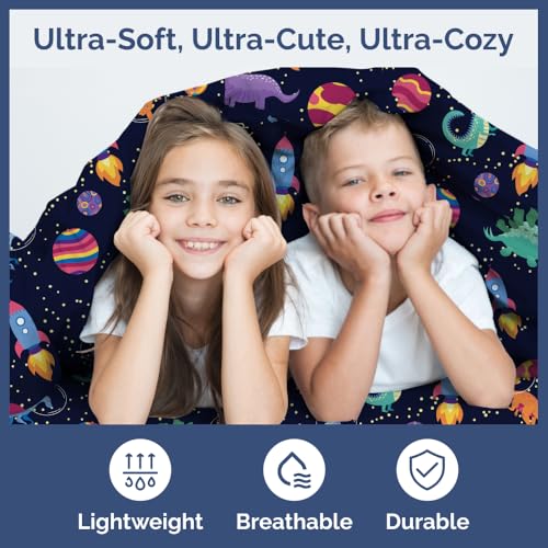 Image of Kids Queen Size Space Dino Bed Sheets - 4 Piece Kids Space Dino Sheet Set | Space Dino Themed Bedding, Ultra-Soft, Cute & Cozy, Breathable & Machine Washable, Bed Set for Boys, Girls & Teens & Cooling