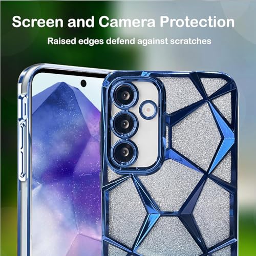 Image of VONZEE Gradient Glitter Designer Case for Samsung S25 Plus, Luxury Electroplated 3D Cube, Diamond Bling Shiny Soft TPU Clear Shockproof Women Girls Protective Phone Cover (Blue)