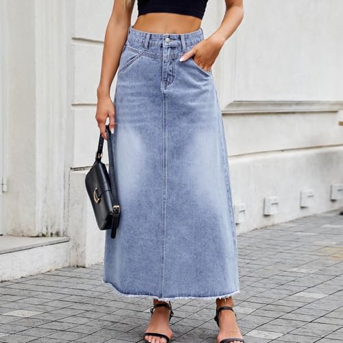 Women's Vintage Denim Maxi Skirt Casual High Waist A-Line Frayed Hem Trendy Fashion Long Jean Skirt with Pockets3